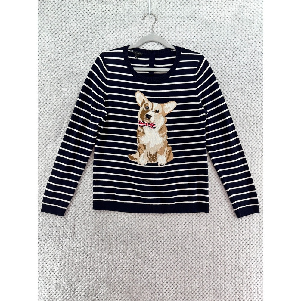 Talbots Crew Sweater Womens M Navy Blue Striped Intarsia Corgi Knit Union Jack